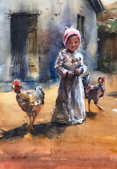 African Rural child Girl with Rooster preview